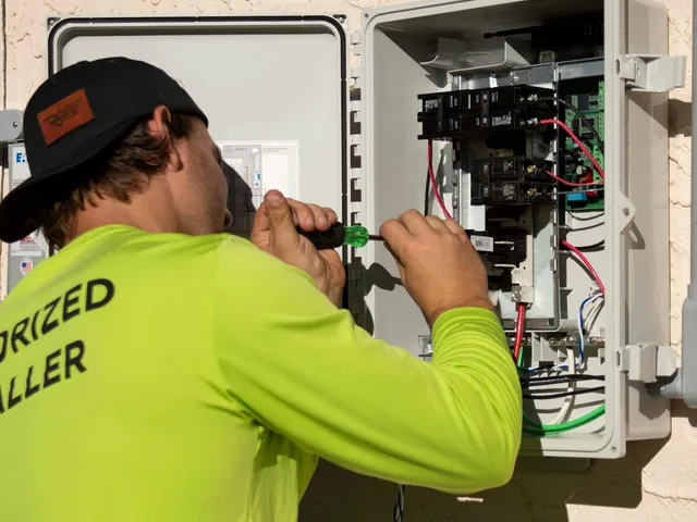 Elektriker arbeitet mit dem Schraubenzieher an einem Verteilerkasten
